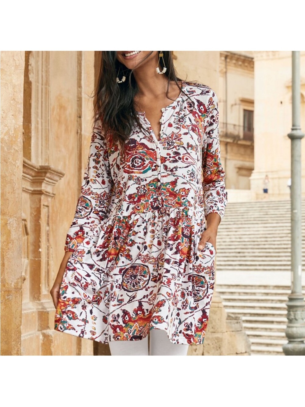 Peruvian Connection Goa Bohemian Floral Button-Front Tunic Top